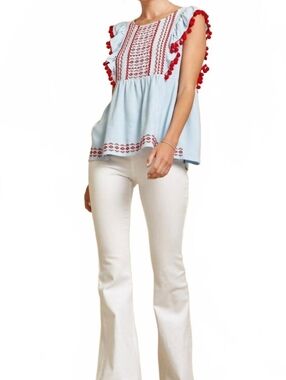 Savannah Jane Hop to it embroidered top in blue/red Size 1X NWT